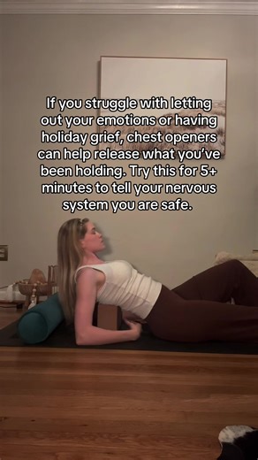 If you don’t have a block, you can roll up a blanket or do this on a pillow as well. Let your head fall back, arms by your side, palms up, & chest open. Breathe deeply and allow your emotions to flow through. #nervoussystem #grief #healthytips