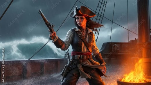 Woman pirate on ship deck during storm. Sea adventure and challenging journey with a female robber.