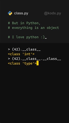 kodx | Creator & Programmer on Instagram: "🤣 This is why I love Python 😅 Hahahah maybe it is not a useful trick but it teaches you something important: everything is an object in python. Even the types themselves 😂 If you're a beginner or an expert in python or coding hacking programming in general, i think ur gonna love my page!"