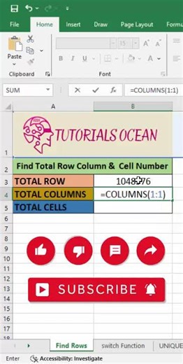 How to find total raw column and cell number in Ms Excel #excel #shorts