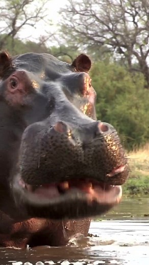 Bull hippo with mouth open in aggressive stance,Botswana
