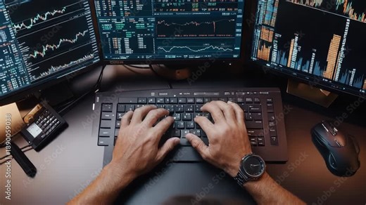 Hands typing on keyboard in front of triple monitor trading workstation with live stock charts