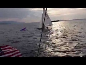 E-SCOW capsizing after duel with Kiwi 35 Racing sailboat Bellingham Bay Aug 1