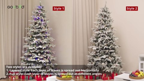 GOOBED Prelit Snow Flocked Christmas Tree with Remote, 7.5 FT Mountain Pine Layered Christmas Tree w/Hinged Branches & Foldable Stand, Pre-Decorated Xmas Tree Pre-Lit with 550 Lights & Timer