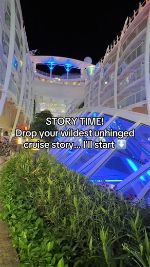 Upside-Down Pineapple Story 🍍🚢 My husband and I were enjoying our first night on the cruise. After the Hiro aquashow, we headed back to our stateroom. Elevators were packed, so we took the stairs. A few flights down, I thought I heard something…off. I stopped him because it sounded like someone was in pain. It was faint but loud enough to be audible. Very dramatic. Honestly, kind of concerning. So we followed the noise, and it didn’t take long to figure out where it was coming from. Right near