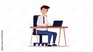 Animation of man sitting on his desk and typing on keyboard. Looped animation with white background. A cartoon guy works remotely with laptop. Male freelancer in the office working online.