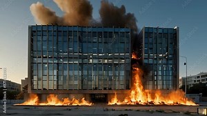 A multi-story modern office building catches fire during the day, large flames burst from the base of the building as smoke rises into the air