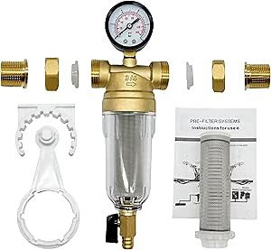 Spin Down Sediment Water Filter System with Pressure Gauge, 100/200 Micron Stainless Steel filter Mesh Pre-Filter for City/Well Water, 1" MNPT & 3/4" FNPT/MNPT Ports, Easy Backwash Cleaning