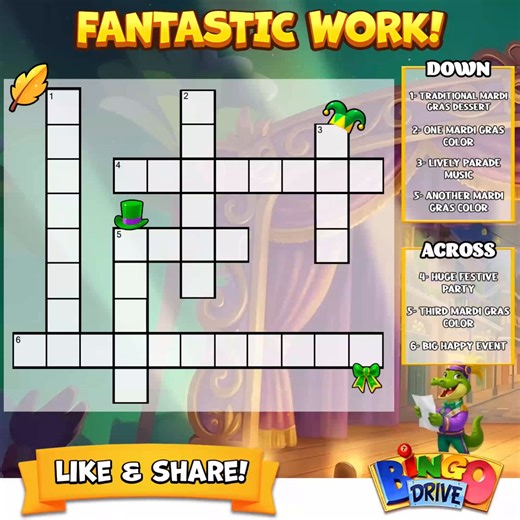 🎭🧩 You solved the Mardi Crossword! 🧩🎭 Looks like your carnival spirit — and puzzle skills — are on point! 💜💚💛 🎁: https://join.bingodrive.com/BXwM/gift?pk=FIa-5T4UGx Like & Share the FUN! | Bingo Drive