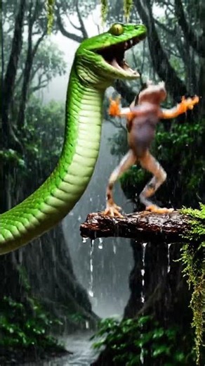 Boomslang vs Painted Reed Frog on the a rain-lashed gallery forest with booming frogs