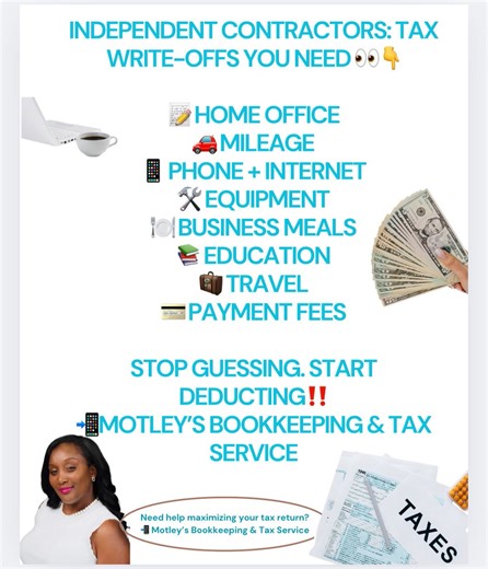 If you’re a 1099 independent contractor, you can deduct ordinary and necessary business expenses to reduce your taxable income. Here are the most common and IRS-approved write-offs: ✅ Top Tax Deductions for Independent Contractors 1. Home Office Deduction 🏡 If you use part of your home regularly and exclusively for work: • A portion of rent/mortgage • Utilities (electric, internet, water) • Home insurance • Repairs/maintenance in your office space You can use the simplified method ($5 per sq ft
