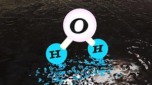 3D Illustration model of the water molecule H2O, H2O floating over water ,water chemical formula