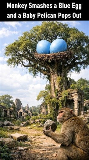 Monkey Smashes a Blue Egg… and a Baby Pelican Pops Out