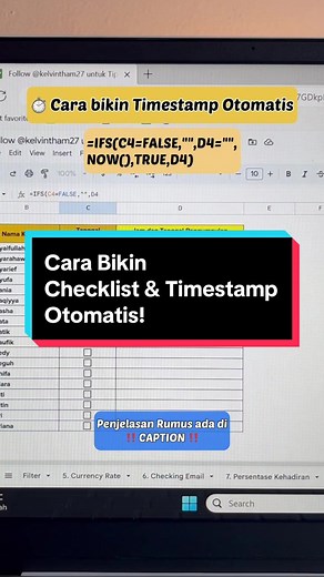 [‼️𝗕𝗔𝗖𝗔 𝗖𝗔𝗣𝗧𝗜𝗢𝗡 𝗕𝗜𝗔𝗥 𝗟𝗘𝗕𝗜𝗛 𝗣𝗔𝗛𝗔𝗠‼️] Mau bikin Checklist yang bisa langsung ngasih Timestamp di saat itu juga? ⏰✅ Kamu bisa menggunakan rumus NOW sebagai bantuan! Pertama, penggunaan rumus IFS adalah untuk mengosongkan Cell jika memang belum terdapat Centang di kolom sebelah. Kemudian, ketika memang terdapat Centang dalam box, maka Sheets/Excel akan membaca perintahnya sebagai TRUE. Oleh karena itu, pada saat penulisan rumus TRUE, maka kamu perlu menuliskan rumus NOW() un