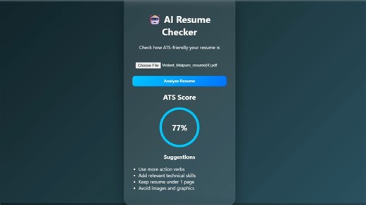 cs.student.hub on Instagram: "Built an AI Resume Checker using HTML, CSS & JavaScript 🤖📄 ✔ ATS Score ✔ Resume Suggestions ✔ Modern UI Code link in comment section 👇 Follow for more projects 🚀 #javascript #htmlcss #webdevelopment #ai #projects"