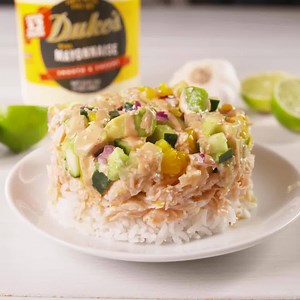 349 reactions · 407 shares | Don't bother with intricate rolls - these sushi stacks are much simpler! Just pack avocado salad, salmon, and rice into a measuring cup, flip, and drizzle with spicy mayo. | Duke's Mayonnaise | Facebook