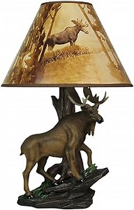 North American Bull Moose Table Lamp with a 12-Inch Diameter Forest Print Shade- Wildlife Decor - Perfect for Living Rooms, Cabins, and Bedrooms - 20 Inches Tall