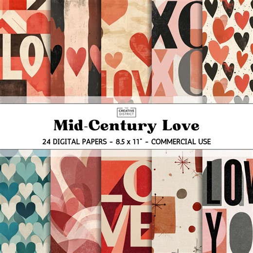 Mid Century Valentines Day Digital Paper Pack – 24 Retro Love Papers, 8.5x11, Cute Vintage Valentine Backgrounds, - Etsy