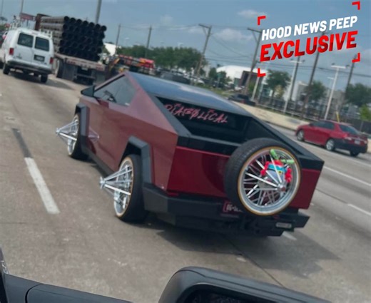 Only in Houston… a Cybertruck on swangas — with Mr. Krabs from SpongeBob posted up on the 5th wheel! A Hood News Peep sent this in. | Grizzy's Hood News