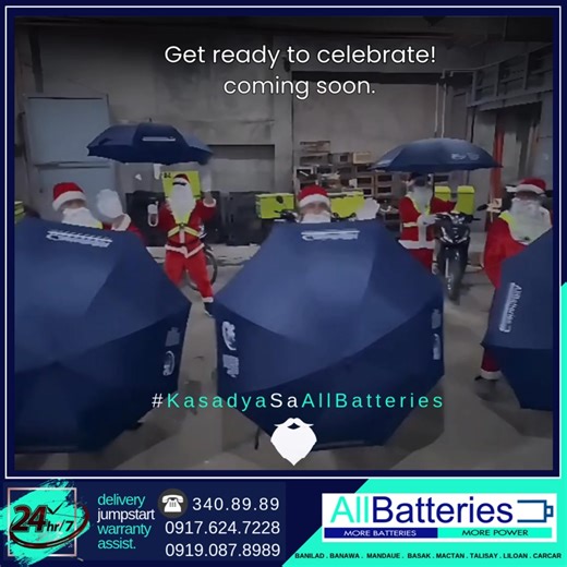 Great ready to celebrate! Coming soon. HO HO HO! 🎅 Visit All Batteries from November 16 - December 31, 2025 and get a FREE All Batteries Golf umbrella in every purchase of Automotive Batteries. Pls, call our 24/7 delivery hotline numbers: 340.89.89 0917.624.7228 0919.087.8989 Exclusively for RAIDEN,YUASA, EMTRAC, VARTA, and GS Automotive Batteries. ✅FREE All Batteries Golf Umbrella ☔ in every purchase of Automotive Batteries ✅24/7 DELIVERY available only from Minglanilla to Liloan, Rain or Shin
