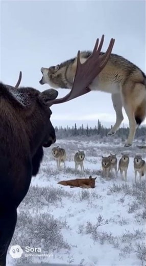 The calf falls into danger from a pack of wolves, and the moose father’s extraordinary survival