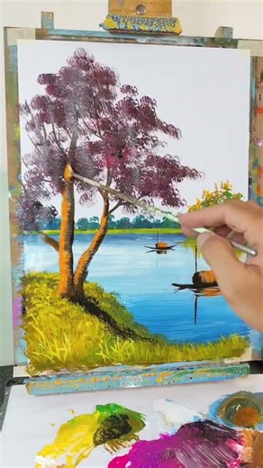 Full Process Spring Tree Painting on a Mountain Peak 🌸 | Acrylic Art #shorts