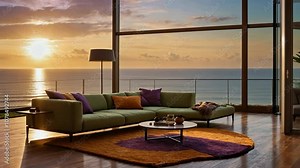 Video footage of A modern living room with a green sectional sofa, colorful cushions, a round coffee table, and a vibrant rug, overlooking a stunning ocean sunset