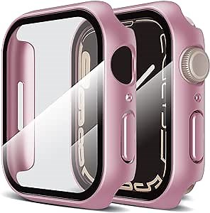 LK 2 Pack Hard PC Case with Tempered Glass Screen Protector Compatible with Apple Watch 41mm Series 8 7, Touch Sensitive, HD Ultra-Thin, Full Protective Cover for iWatch 41mm, Pink