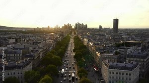 Paris streets seen from above, panoramic view. top of Arc de Triomphe. Tourism attraction & famous landmark in France. Romantic honeymoon travel destination.