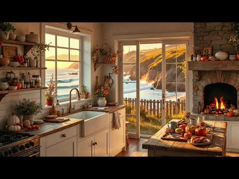 🍁 Coastal Cottage Kitchen | Autumn Fireplace Ambience with Ocean Waves & Golden Sunset