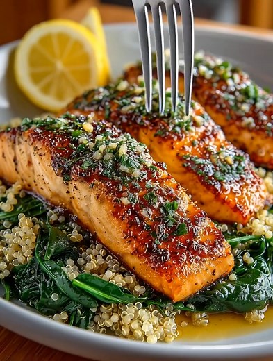 Lemon Herb Grilled Salmon with Quinoa 😋✨ Light, healthy, and flavorful — perfectly grilled salmon served over fluffy, herby quinoa. Ingredients: 2 salmon fillets 1 tbsp olive oil 1 tsp garlic powder 1 tsp dried parsley or fresh herbs Salt & pepper to taste 1 cup quinoa 2 cups water or broth Juice of 1 lemon 1 tsp lemon zest Instructions: Cook quinoa: Rinse and cook quinoa in water or broth until fluffy. Stir in lemon juice, zest, and herbs. Season salmon: Rub olive oil, garlic powder, salt, pep