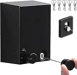 Retractable Clothesline Clothes Line Retracting Outdoor/Indoor, Heavy Duty Stainless Steel Adjustable Drying Rope Wire Dryer with ABS case+Aluminum, Self Adhesive Wall Mount 13.8 Feets Black