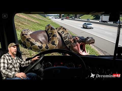 rescue animal : Police Rescue Hippo from Giant Python on Highway