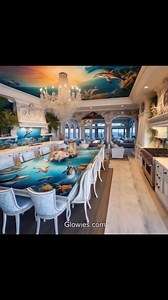 Imagine a kitchen where dolphins swim all around you! The walls have ocean-blue tiles with playful dolphin designs. The cabinets are shaped like waves, and the handles look like tiny dolphins jumping through the sea. A dolphin-shaped faucet pours water like a waterfall, and the light above the table glows like the sun on the ocean. Every time you cook, it feels like you’re under the sea with your favorite sea creatures! | Monique Lula