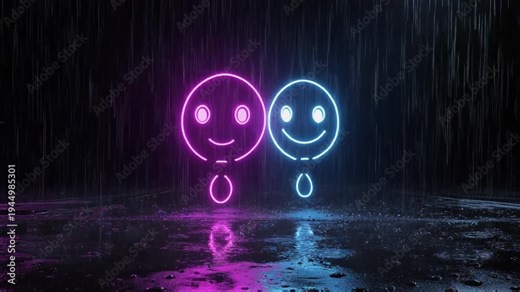 Two glowing neon smiley faces, one pink and one blue, reflecting on a wet surface under falling rain in a dark environment.