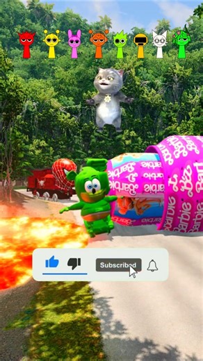 Spider man & squid game & Crazy Frog & Gummy bear & McQueen VS Bollard barbie in BeamNG.Drive