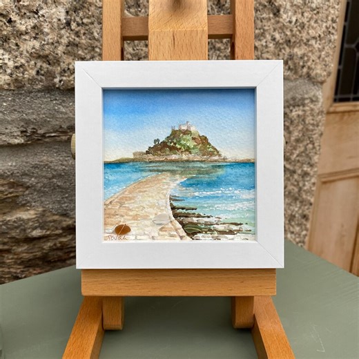 Cornwall Watercolour Painting: St Michael's Mount With Cornish Sea Glass - Etsy