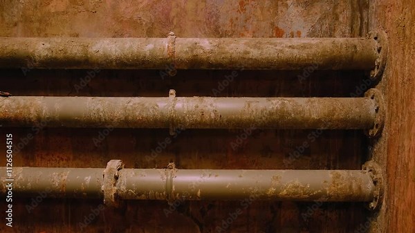 Rusty metal pipes with corrosion and decay, featuring peeling layers, bolts, and weathered textures in an industrial or abandoned environment. Old rusty cast iron sewer pipes in the basement.