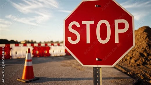 A red stop sign stands in a construction zone with traffic cones and barriers in the background, captured in a video