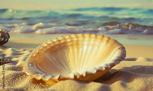 A close-up view of a large seashell resting on a sandy beach with the ocean in the background.