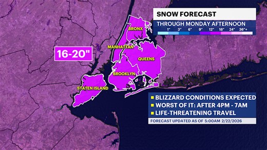 Blizzard warning in effect for Brooklyn this afternoon and Monday; up to 20 inches possible