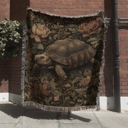 Botanical Tortoise Woven Blanket; Serene Desert Turtle Tapestry With Florals - Etsy