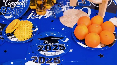 Gatherfun Graduation Decorations Kit - 2 Pcs Blue Gongrats Grad Tablecover for Party Decorations，Graduation Plastic Table Covers 54"x108"