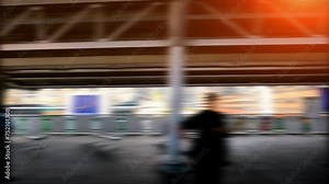Railway train window. View of railroad from window of moving train.Window view from sky train transportation city view Mass Transit System, commonly known as the BTS or the Skytrain.