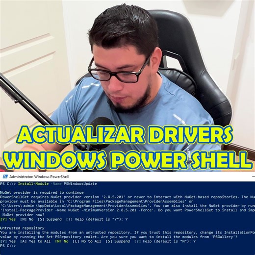 Como Actualizar todos los Drivers de tu PC con Comandos en PowerShell. #powerselll #CMD #terminal #drivers #pswindowsupdate Comandos a usar: Set-executionPolicy -scope Process -ExecutionPolicy Bypass Install-Module PSWindowsUpdate Import-Module PSWindowsUpdate Get-WindowsUpdate Get-WindowsUpdate -MicrosoftUpdate -Category driver -install -Autoreboot Get-WindowsUpdate -MicrosoftUpdate -install -Autoreboot | PC fácil Digital