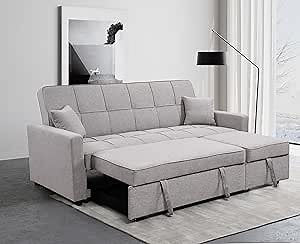 82'' Sleeper Sofa with Pull Out Bed, Convertible Sofa Couch for Living Room, Adjustable Backrest Sleeper Couch with Pullout Chaise, Loveseat Futon Sofa Bed for Small Space. Light Grey