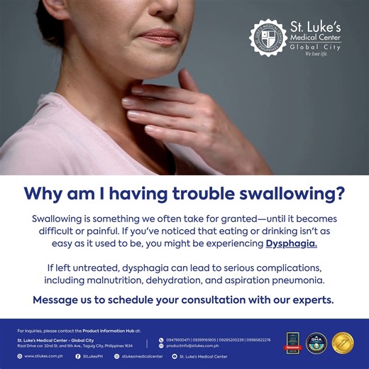 Struggling to swallow food or drinks isn’t just uncomfortable—it could be Dysphagia, a condition that makes something as simple as eating feels like a chore. Left unchecked, it can lead to malnutrition, dehydration, or even aspiration pneumonia. Don’t ignore the signs your throat is trying to send you. Message us to schedule a consultation with our ENT experts today! #StLukesPH #DysphagiaAwareness #SwallowingMatters #EatWellBreatheEasy #DigestiveHealth | St. Luke's Medical Center
