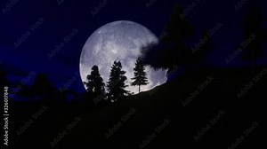 Man running on a forest trail against full moon and starry sky, 4k