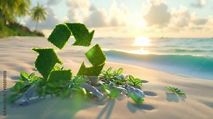 Green recycle symbol or eco sign with garbage waste on the beach and tropical sea background, sustainability and protect environment concept