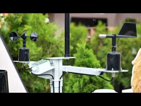 Weather station measuring wind speed and direction outdoors